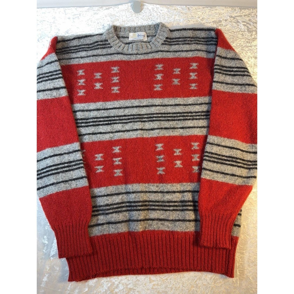 Vintage Pringle Scotland Mens XL Shetland Wool Sweater Red Gray Preppy 90s